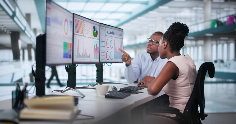 KPI Business Analytics Data Dashboard. Analyst Using Computer